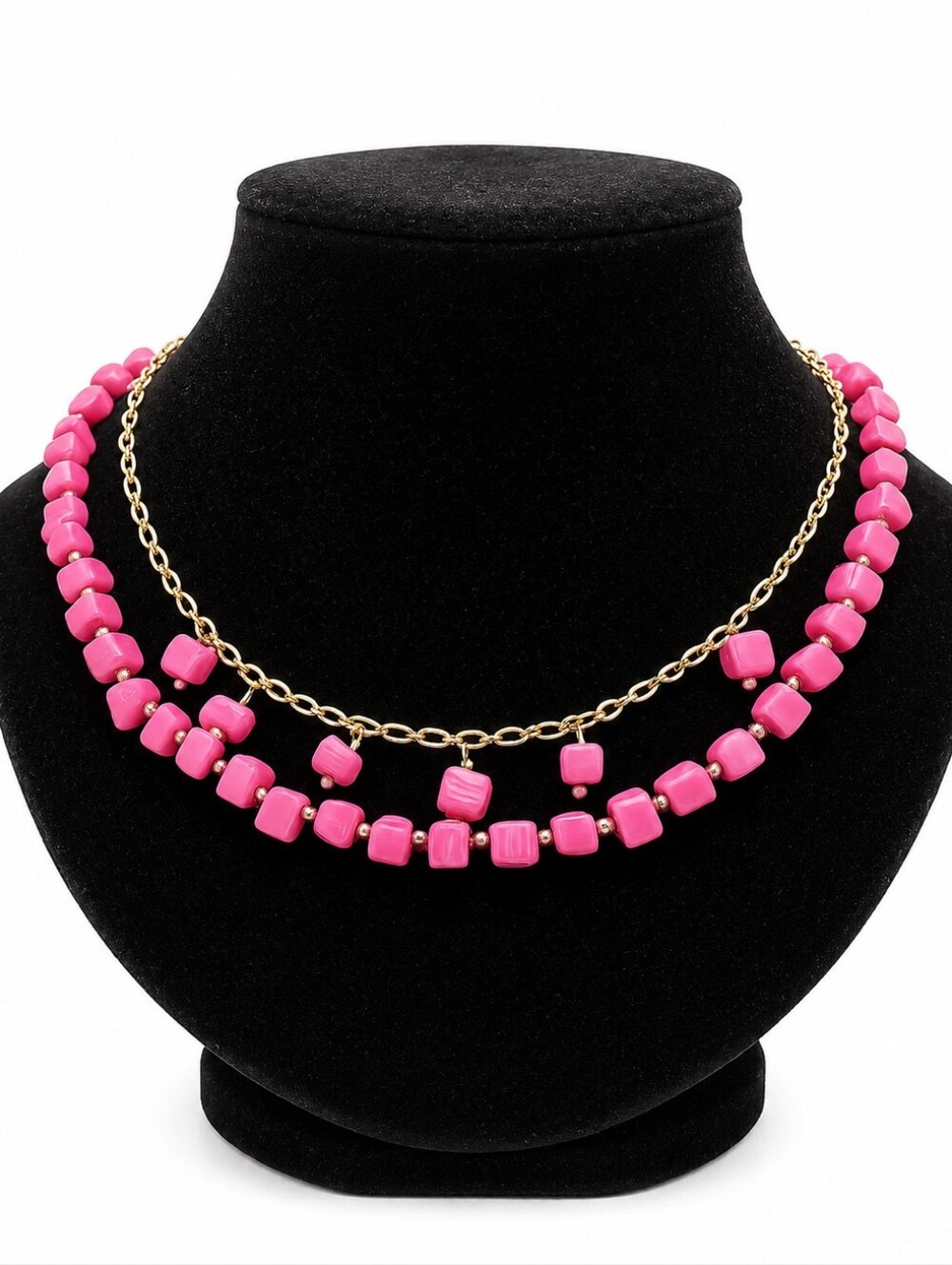 Vintage Style Pink Beaded Choker Necklace Silver Tone Chain